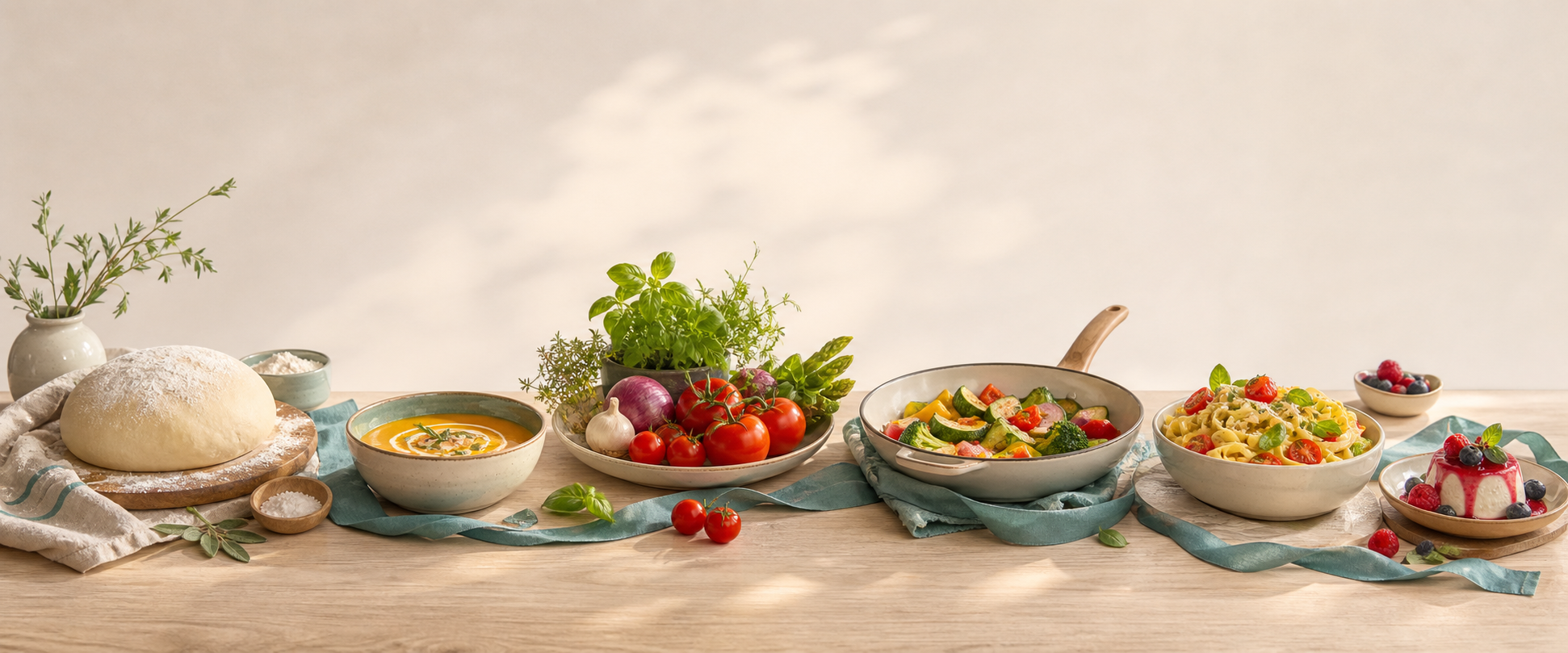 Brotteig, Suppe, Gemüse, Pfannengericht, Pasta und Dessert als sechs unterschiedliche Kochwelten